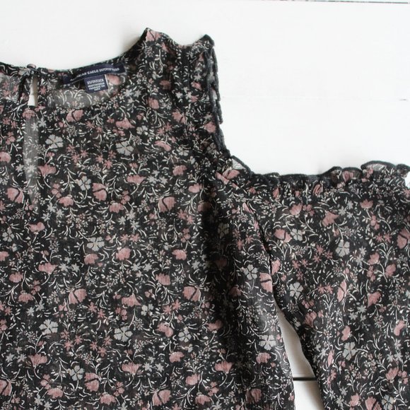 Sheer Black and Pink Floral Cold Shoulder Ruffle Top - Picture 3 of 7